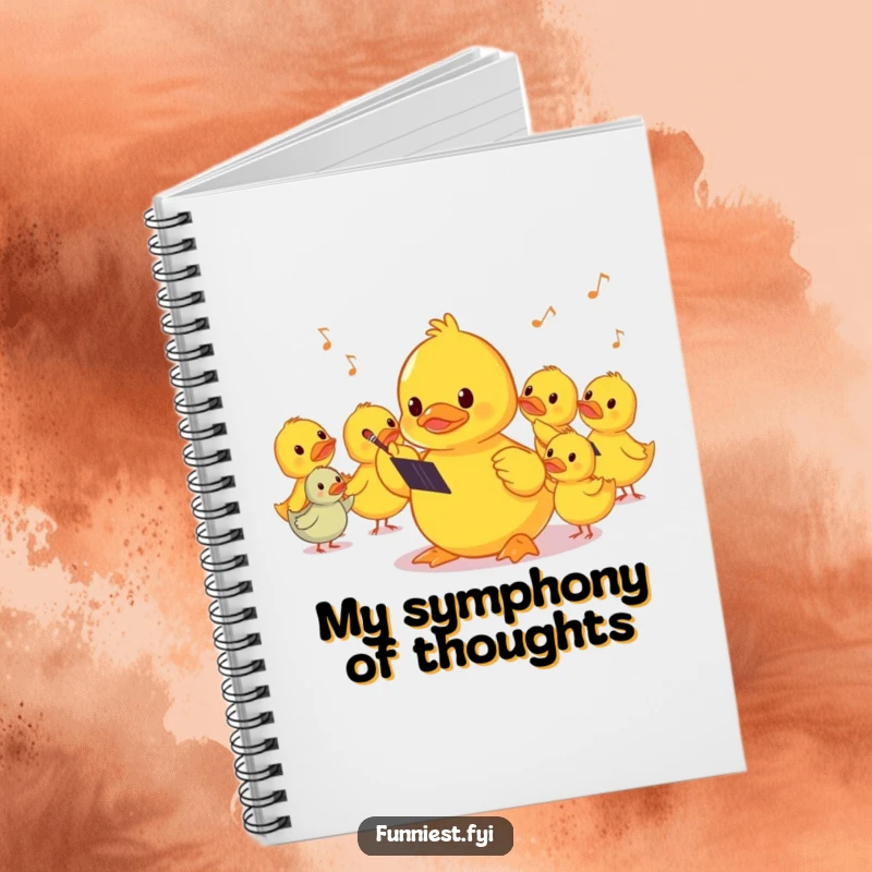 Funny shy rubber ducky conductor on a notebook cover, inspiring quiet musical thoughts and ideas.