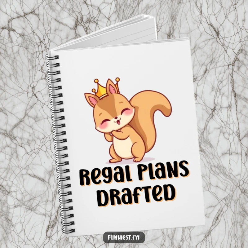Funny notebook cover with a mischievous squirrel character comically wearing a tiny crown backward, inspiring creative and nutty thoughts.