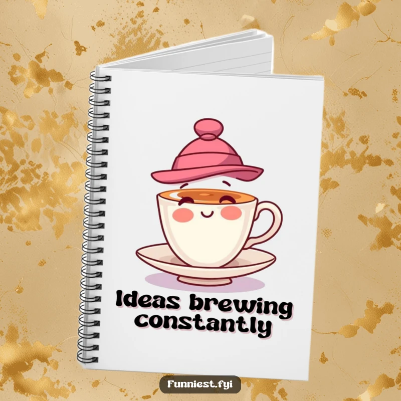 Funny notebook cover featuring a playful teacup wearing a stylish hat and spinning, ideal for notes, journaling, and creative ideas.