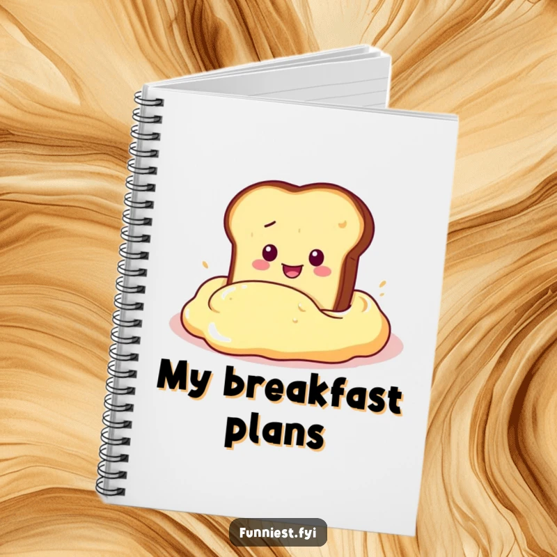 Funny Notebook illustrating a slice of toast character diving into a massive butter dollop, ideal for jotting down tasty ideas.