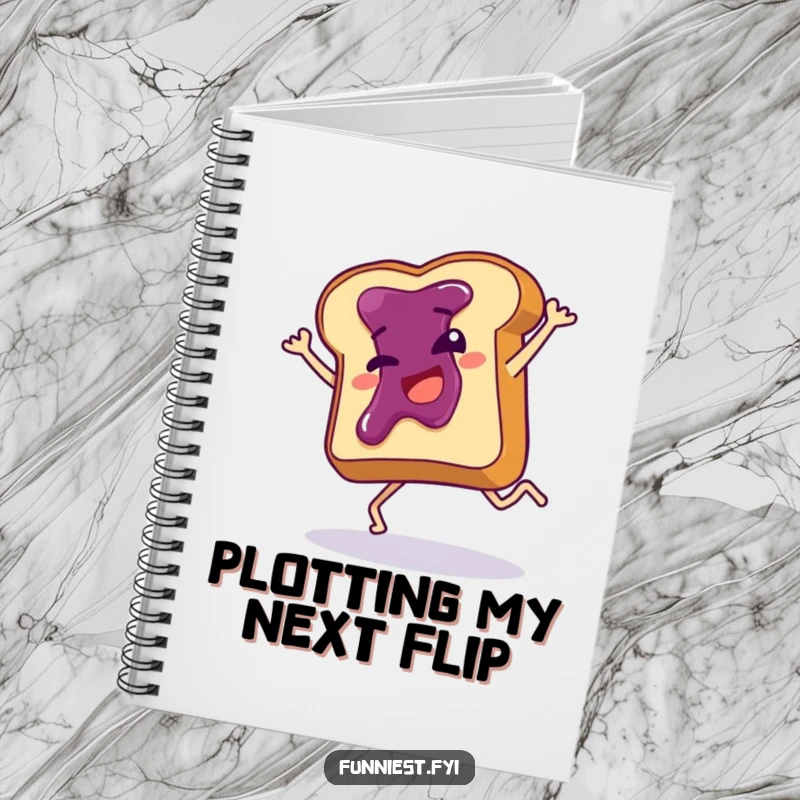 Funny notebook cover featuring a giggling toast slice with jam performing a clumsy cartwheel, ideal for note-taking and doodling.
