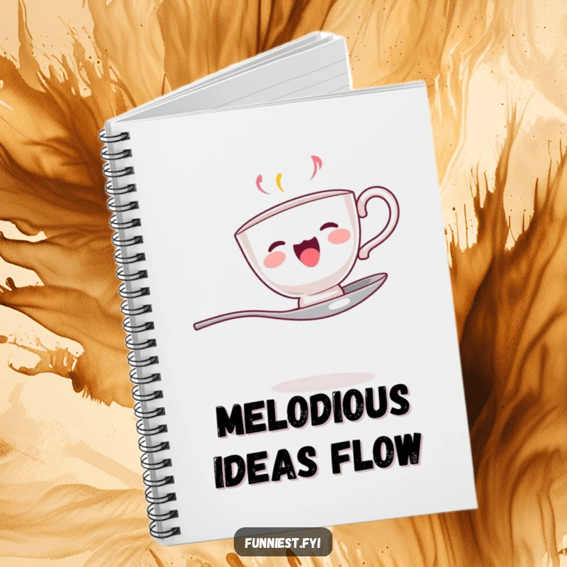 Funny notebook with a singing teacup balanced on a spoon, perfect for jotting down notes with artistic flair.