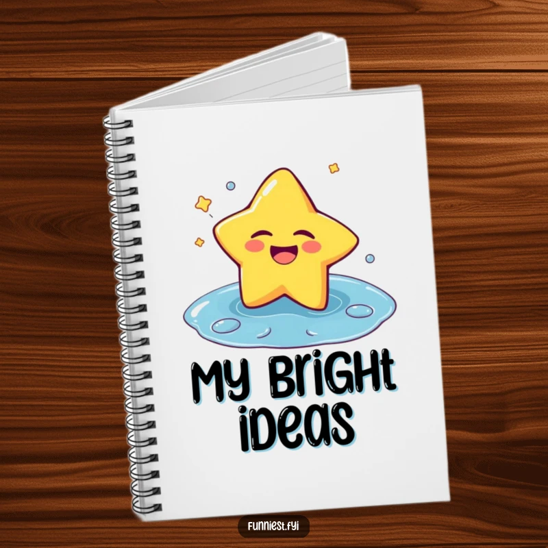 Funny notebook with a laughing star winking as it splashes into a puddle, inspiring cheerful writing and playful note-taking.