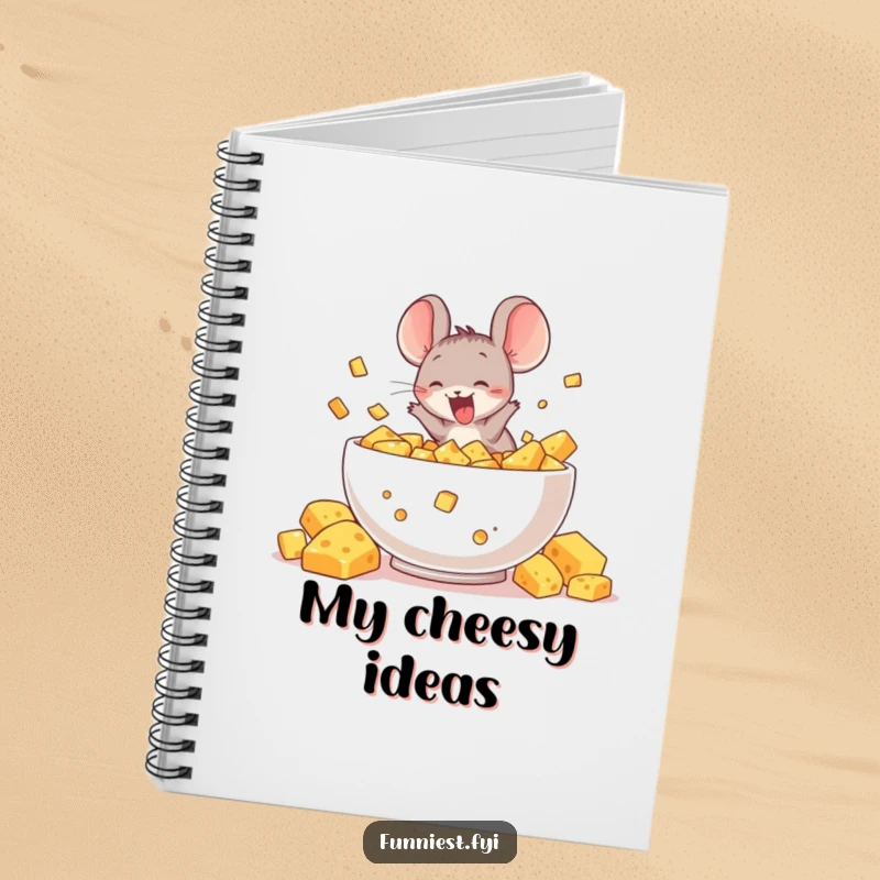 Funny notebook featuring a delighted mouse character diving into a massive bowl of cheese, ideal for jotting down foodie thoughts and happy ideas.