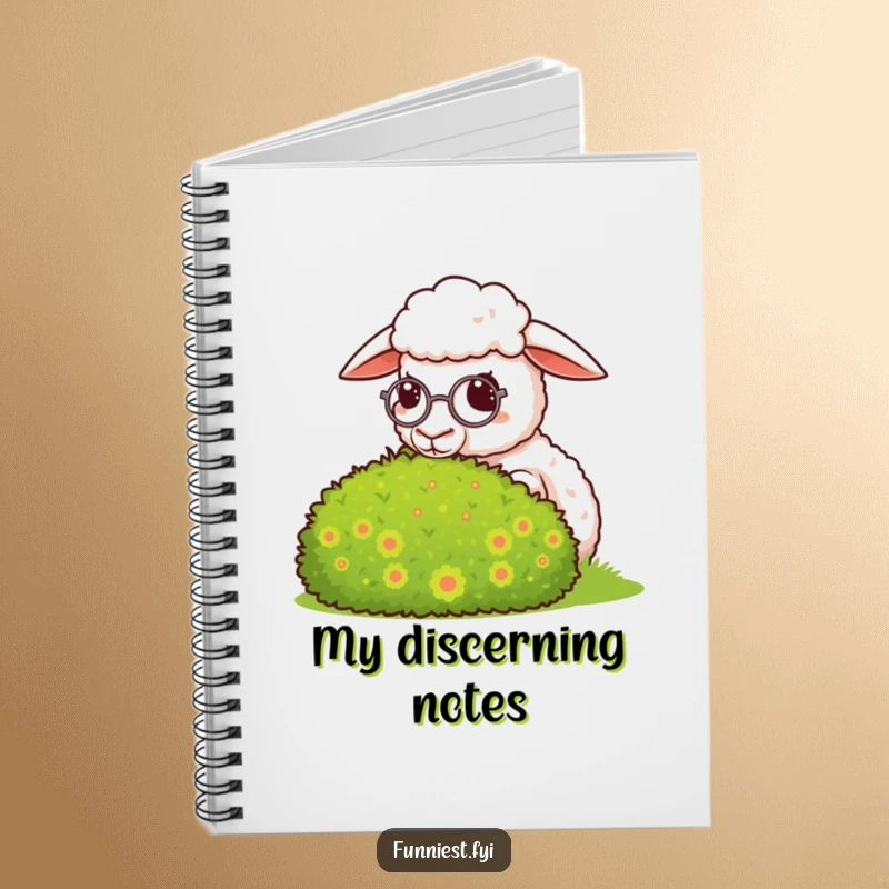 Funny sheep notebook, a sheep wearing a monocle on the cover gives a smug look at meticulously groomed text.