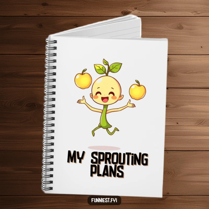 Funny dancing sprout character notebook, focused on joyfully juggling three shiny apples, perfect for capturing bright ideas.