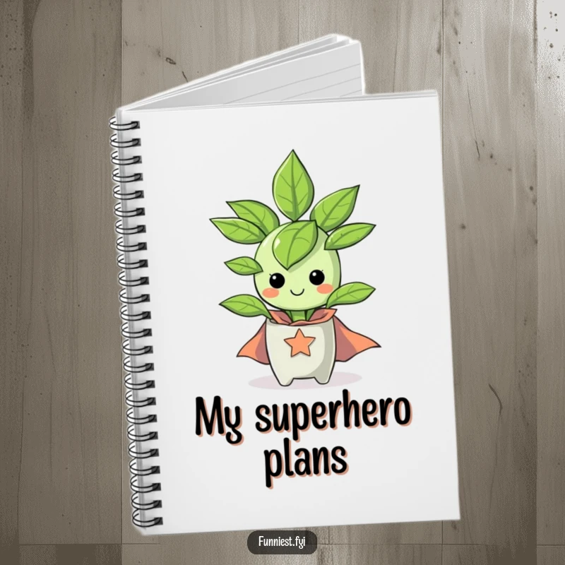 Funny happy houseplant wearing a tiny superhero cape on a notebook cover, perfect for jotting down heroic plans.