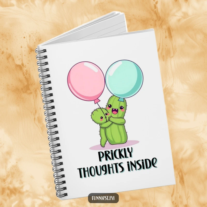 Funny notebook with a cheerful cactus embracing a scared balloon, a beautiful and humorous cover for note-taking.