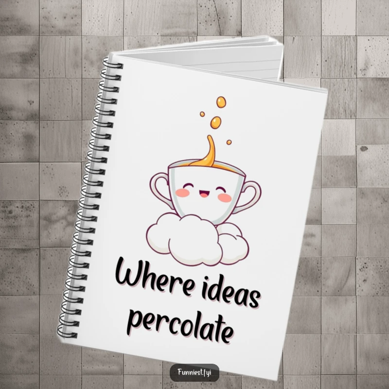 Funny teacup character enjoying a pour from a cloud, perfect for journaling happy thoughts and creative ideas.