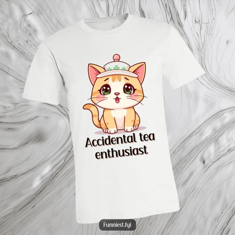 A funny, surprised cat character accidentally sporting a teacup as a hat, looking endearingly confused on this t-shirt.