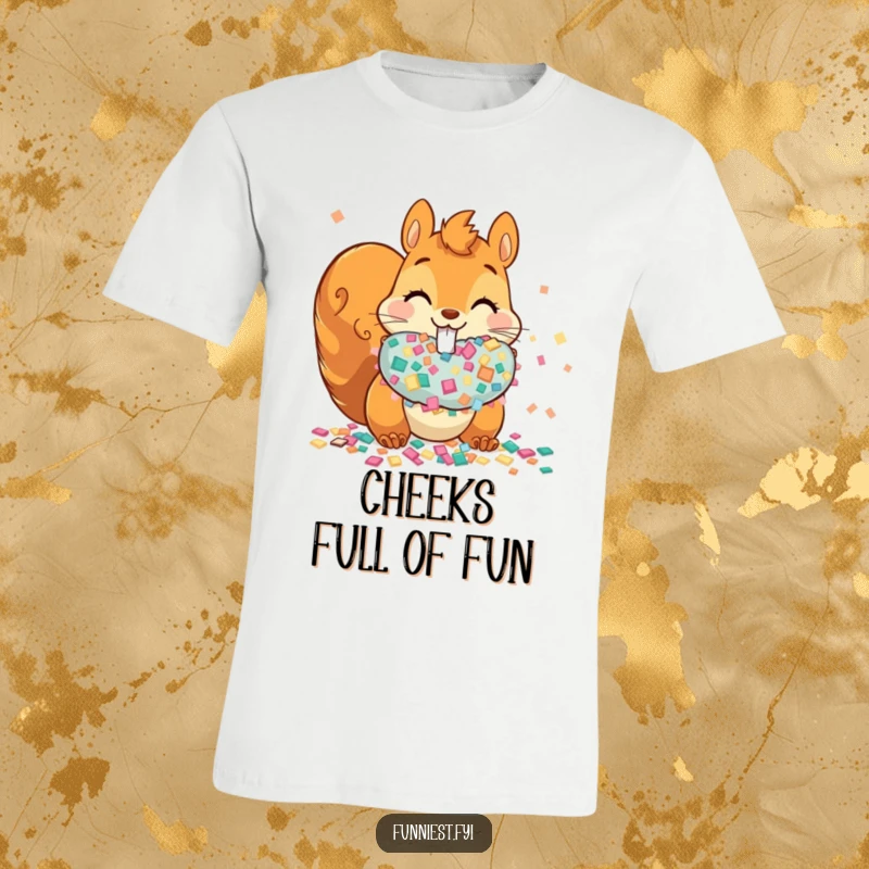 Funny mischievous squirrel stuffing its cheeks with oversized confetti on a t-shirt, embodying pure party joy.