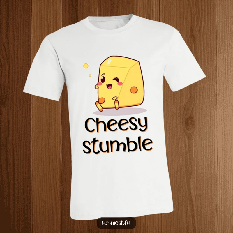 Funny Talking Cheese Pancake T-Shirt: A talking cheese wedge tripping over its own feet, full of food-related humor and charm.