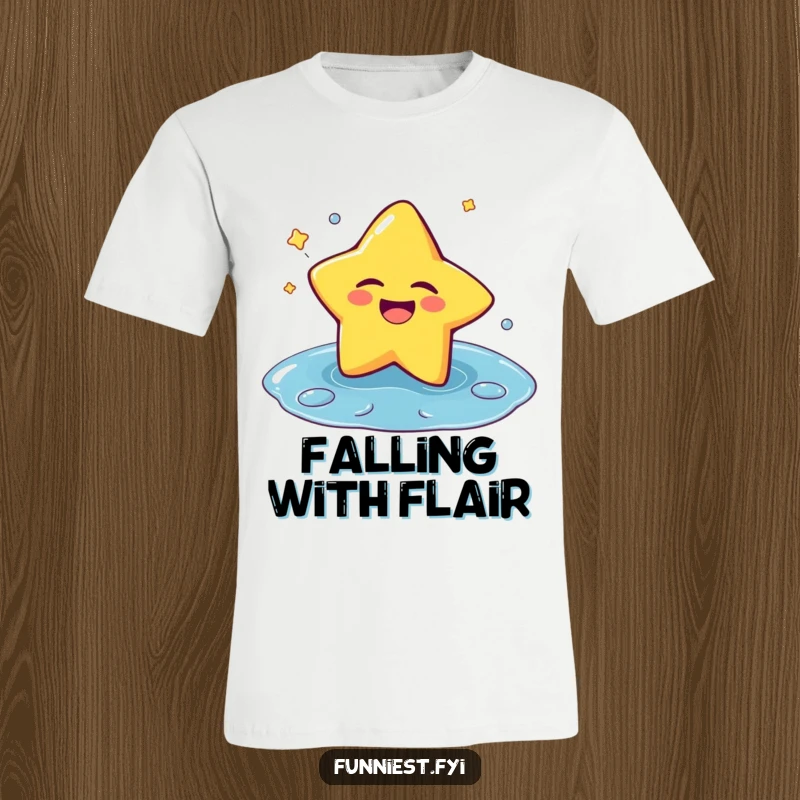 Funny t-shirt featuring a laughing star character winking playfully while falling into a puddle, radiating pure, unadulterated fun.
