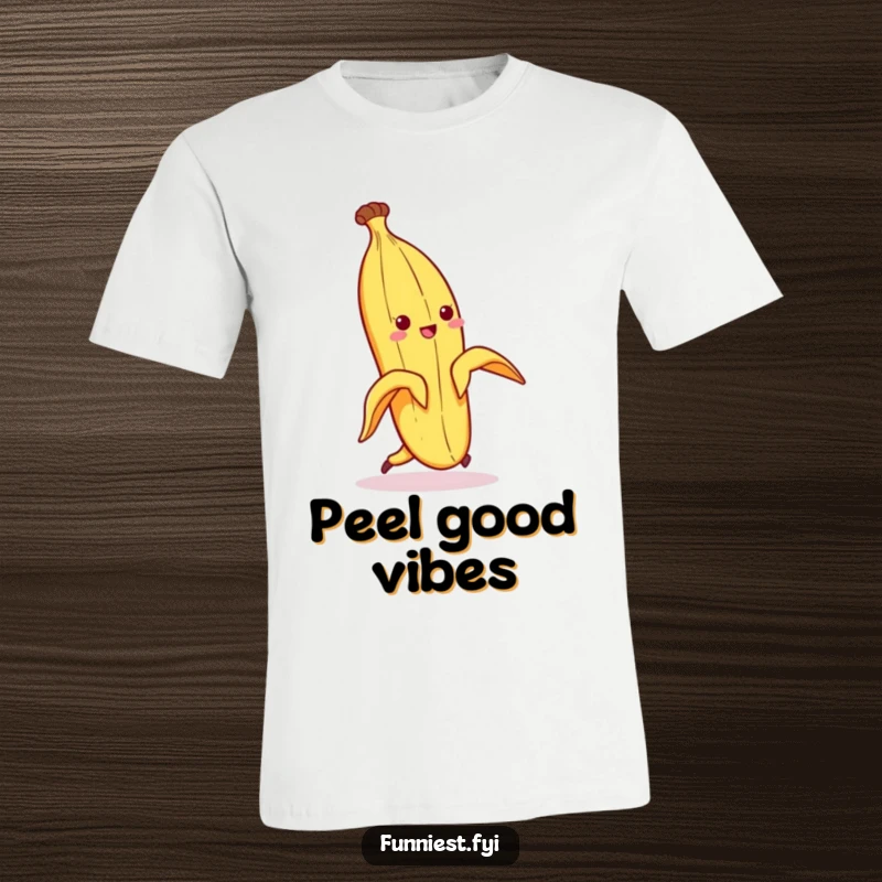 Funny t-shirt graphic of a banana peel character comically slipping and falling due to its own discarded peel, a classic gag.