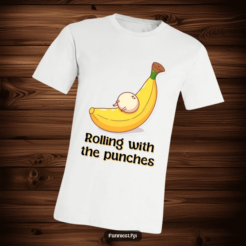 Funny t-shirt featuring a small round character with legs gleefully sliding down a massive banana peel, capturing pure, silly fun.