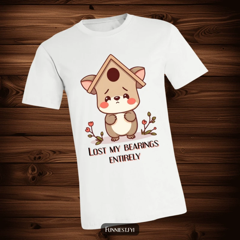 Funny t-shirt featuring a bewildered animal character wearing a birdhouse as a hat, looking around lost, capturing a moment of comical confusion.