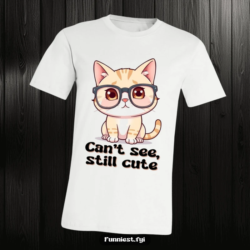 Funny Cat Wearing Giant Glasses T-Shirt: A bewildered cat attempts to see through enormous spectacles. A purrfectly funny gift for cat lovers.