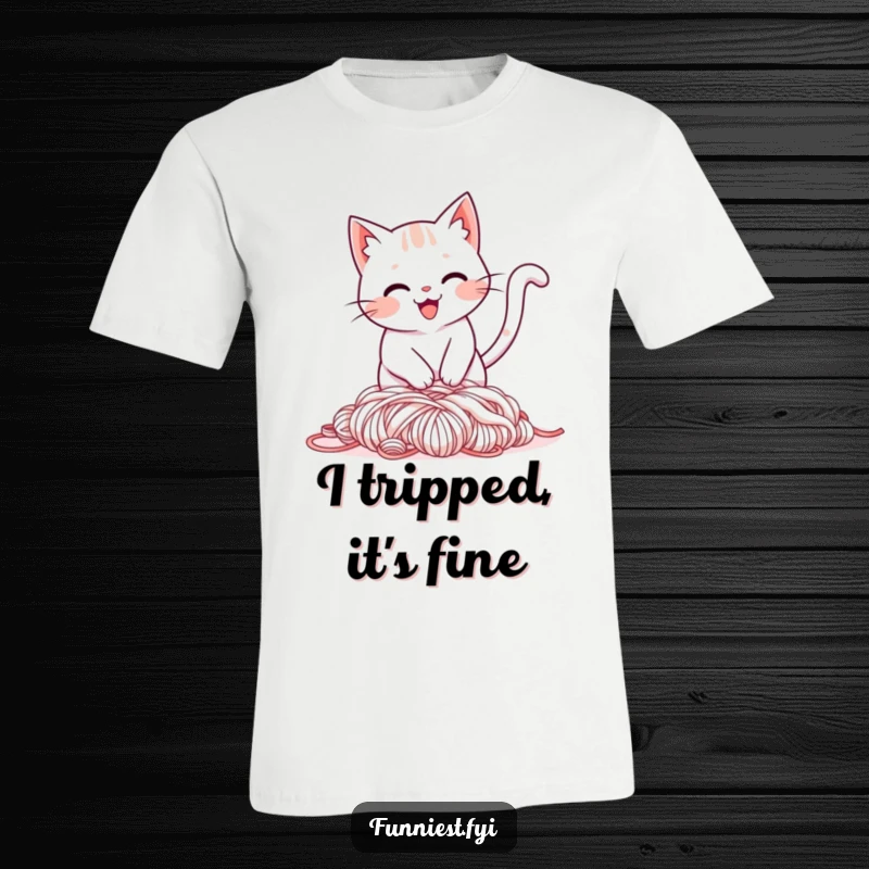 Funny t-shirt featuring a smiling cat tripping over its tail and tumbling into a big pile of yarn, capturing a moment of pure feline chaos.
