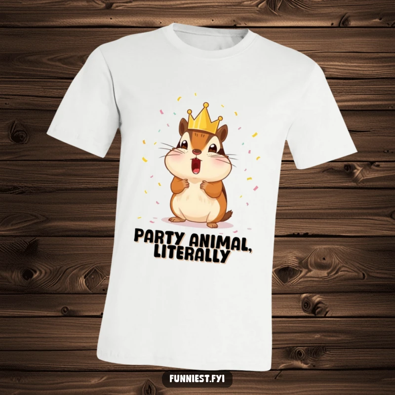 Funny surprised chipmunk wearing a tiny crown, showered with tiny confetti, a humorous and cheerful graphic t-shirt.