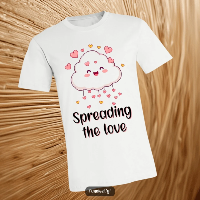 Funny joyful cloud character raining small colorful hearts, showcased on a t-shirt, ideal for cheerful and loving attire.