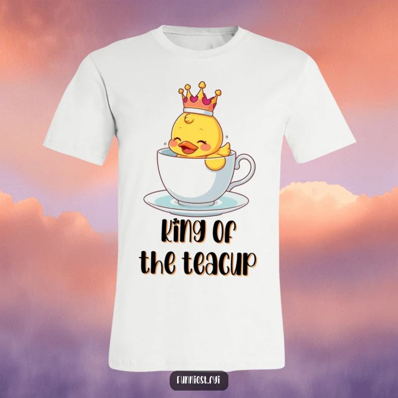 Funny t-shirt featuring a rubber ducky character wearing a crown, comically floating in a teacup.
