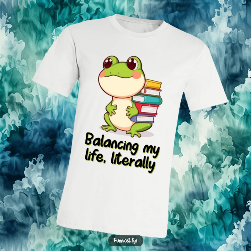 Funny t-shirt featuring a giggling frog character attempting to balance a precarious stack of books on its nose, exuding comical effort.