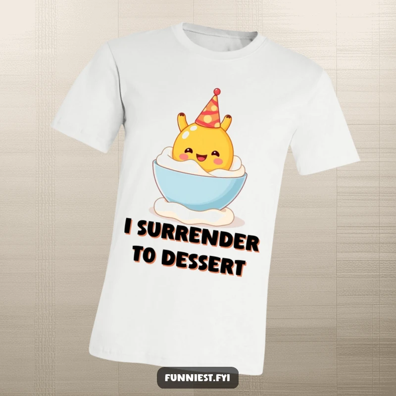 Funny t-shirt showcasing a happy fruit character with a party hat diving into whipped cream, a humorous and energetic design.