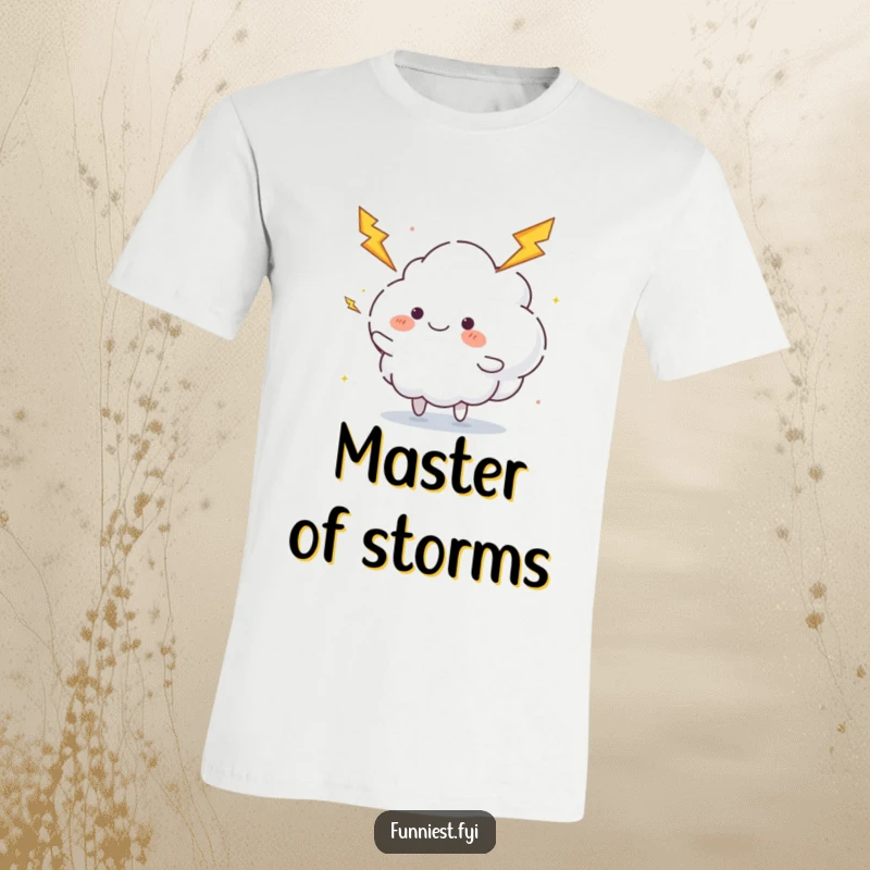 Funny juggling cloud t-shirt showing a fluffy cloud character happily juggling lightning bolts, perfect for energetic style and funny gifts.