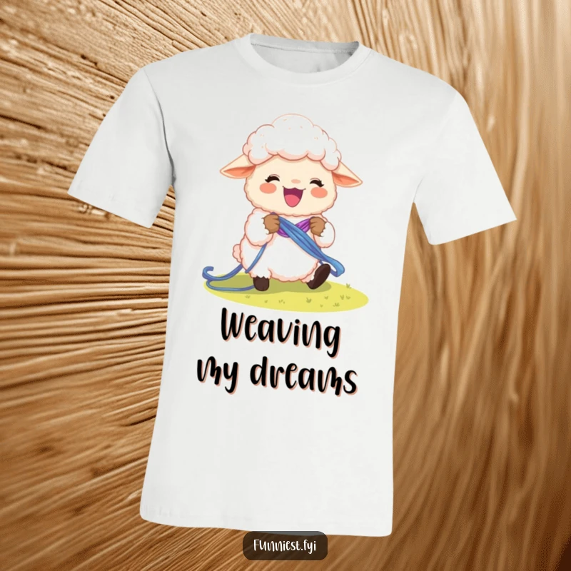 Funny, fluffy sheep character excitedly knitting a vibrant rainbow, printed on a soft t-shirt.