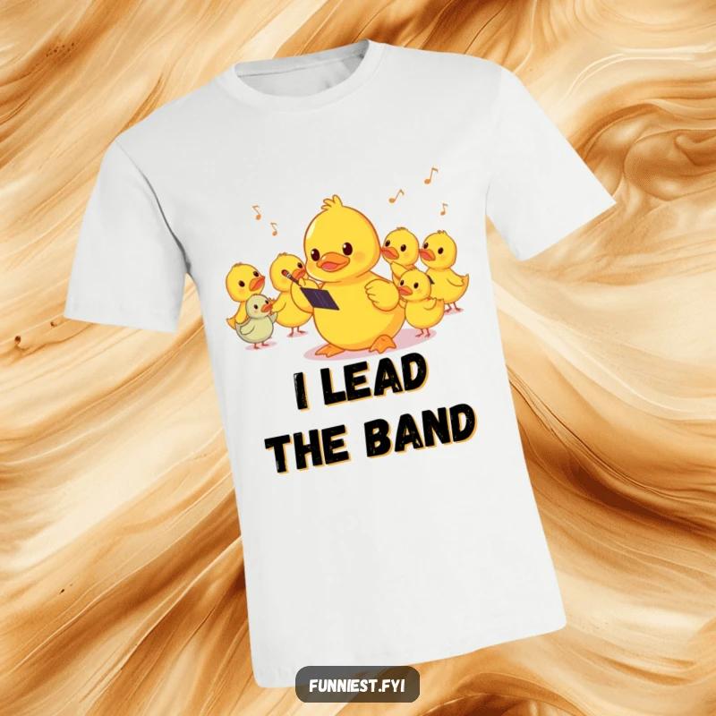 Funny shy rubber ducky conductor on a t-shirt, leading a silent orchestra with a sweet, bashful expression.