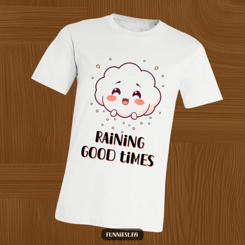 Funny surprised little cloud character releasing tiny laughter particles as rain, designed for a cheerful t-shirt.