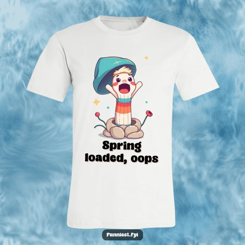 Funny surprised sock puppet t-shirt, cheerfully launched by a mysterious spring, capturing a humorous moment of unexpected adventure.
