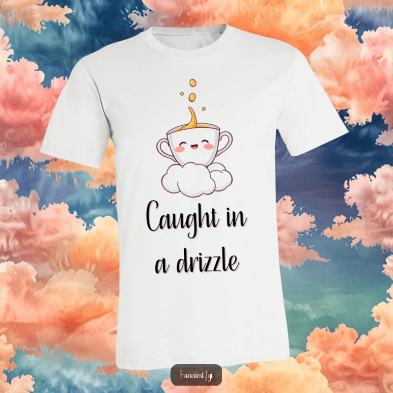 Funny, cheerful teacup character joyfully receiving a pour from a smiling cloud, printed on a comfortable t-shirt.