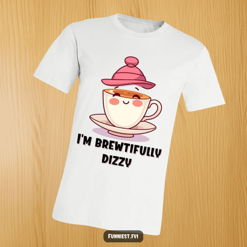 Funny t-shirt print of a playful teacup wearing a stylish hat and spinning, symbolizing joy and a touch of sophistication.