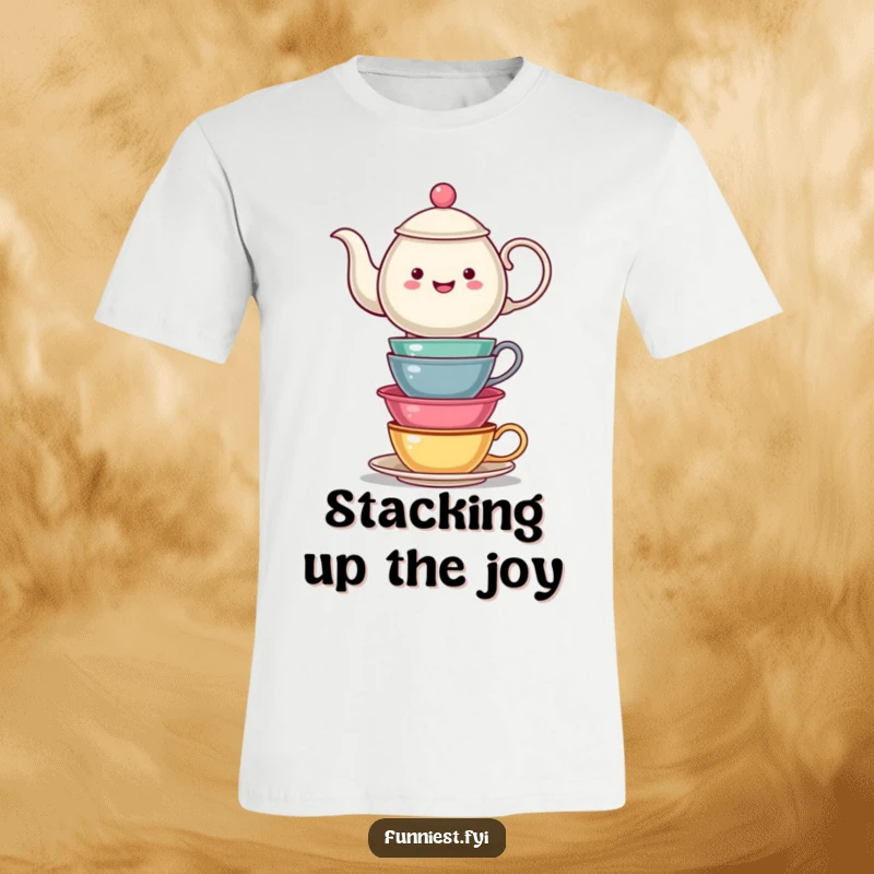Funny Teapot Balancing Tea Cups T-Shirt: A teapot wobbles under a stack of teacups. A quirky and funny gift for hosts.