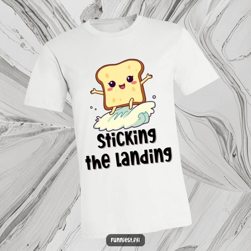 Funny t-shirt depicting a slice of toast with legs excitedly surfing a butter wave, embodying breakfast's adventurous spirit.