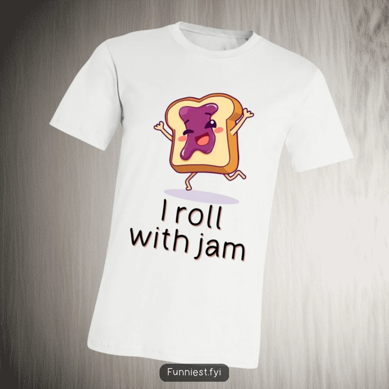 Funny t-shirt print of a giggling slice of toast with jam, captured mid-cartwheel, showcasing breakfast absurdity and energetic fun.