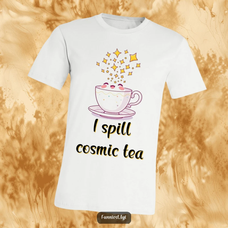 Funny teacup t-shirt design of a happy character pouring a cascade of bright stars, symbolizing creativity and joy.