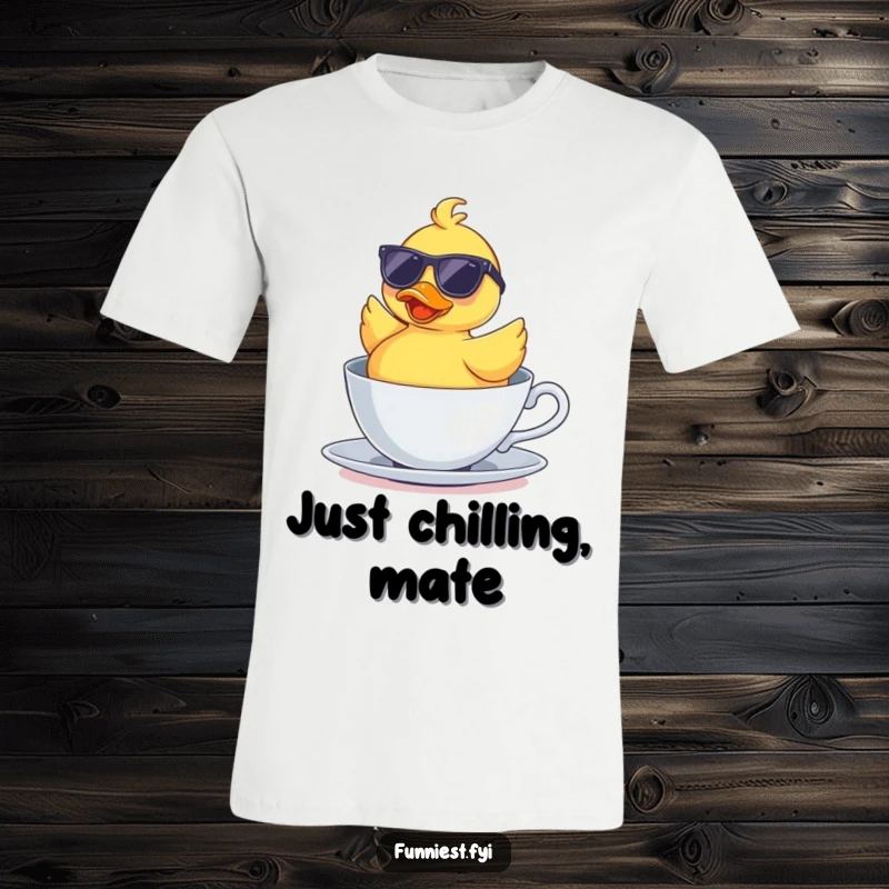 Funny t-shirt showing a rubber duck wearing sunglasses, floating upside down in a teacup, embodying ultimate relaxation and humor.