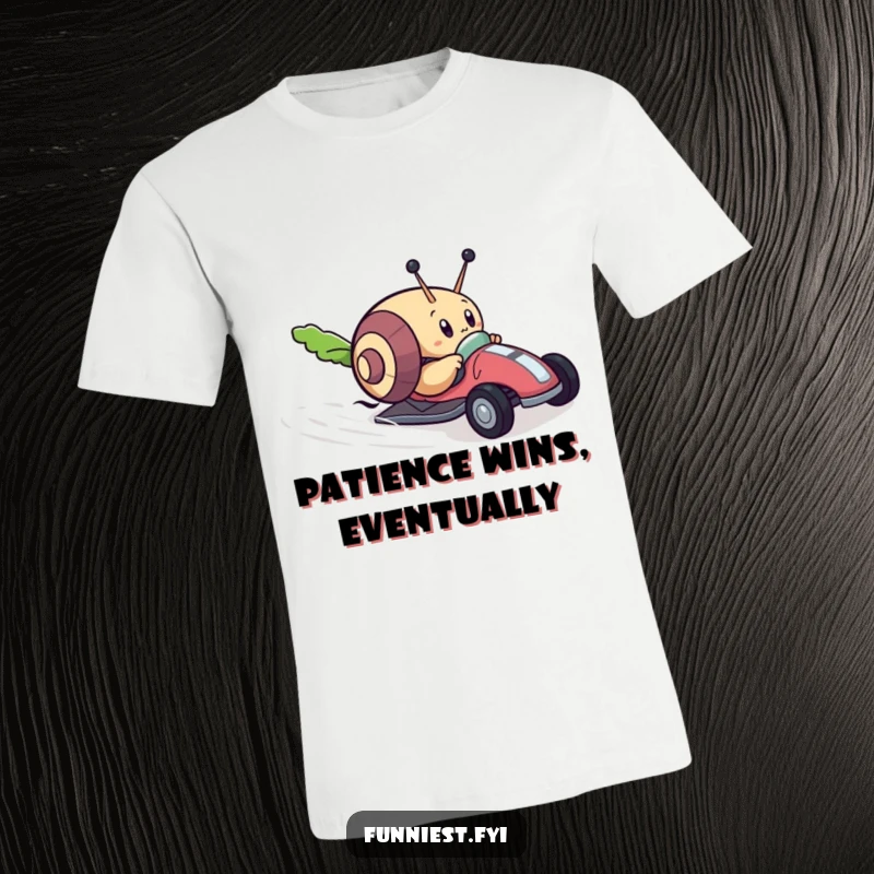 Funny t-shirt showing a determined snail character racing a tiny toy car towards a lettuce leaf, illustrating humorous speedy determination.