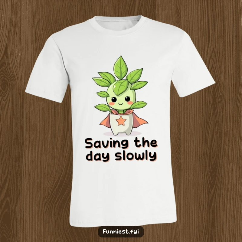 Funny happy houseplant character in a tiny superhero cape on a t-shirt, ready to tackle any task.