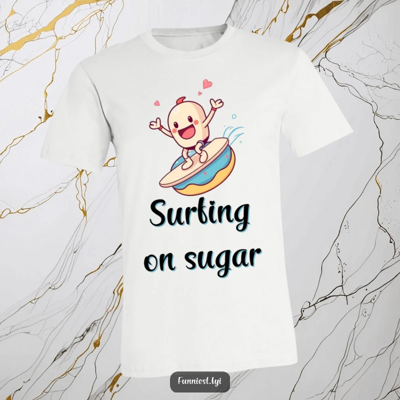 Funny t-shirt graphic of a coffee cup character joyfully surfing on a giant donut, radiating pure happiness and energy.