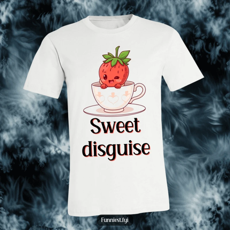 Funny giggling strawberry character t-shirt, comfortably hiding inside a giant teacup costume, peeking out with a joyful giggle.