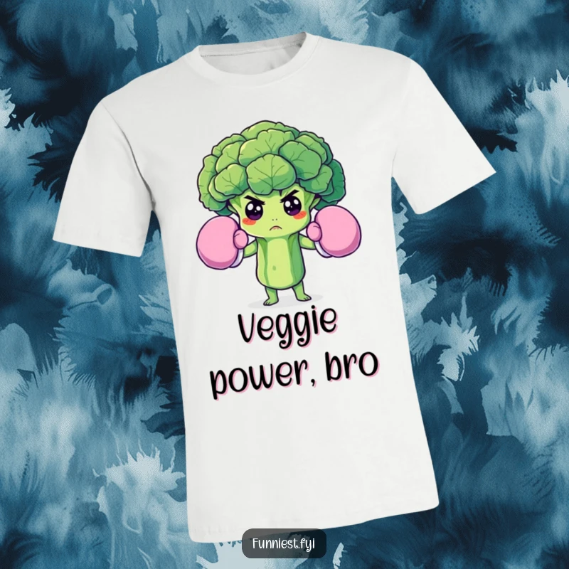 Funny t-shirt print of a determined broccoli floret in oversized boxing gloves, symbolizing strength and healthy choices with humor.