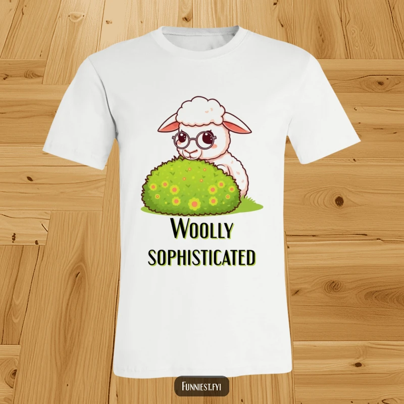 Funny sheep t-shirt, a smug sheep wearing a monocle gazes disdainfully at a flawlessly trimmed bush.