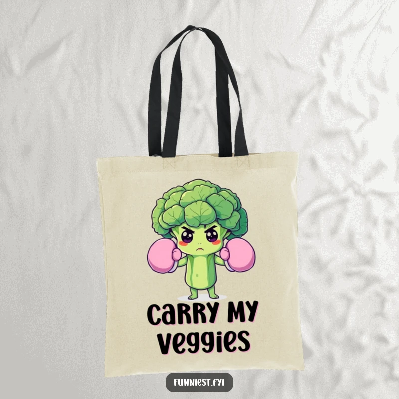 Funny tote bag showcasing a determined broccoli floret in oversized boxing gloves, perfect for carrying groceries or gym gear with humor.