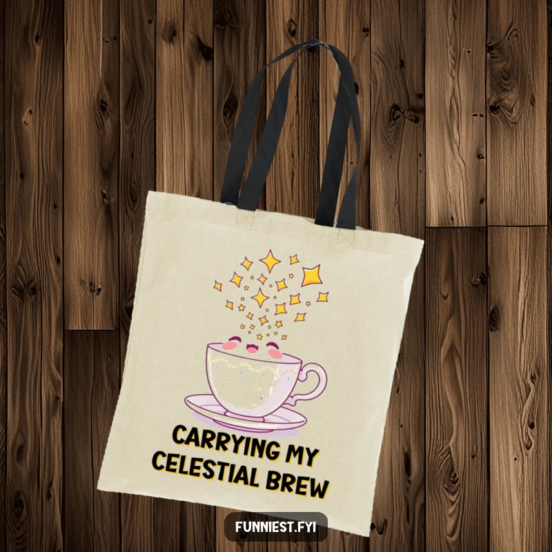 Funny teacup tote bag featuring a joyful character pouring a stream of glowing stars, great for everyday magic.