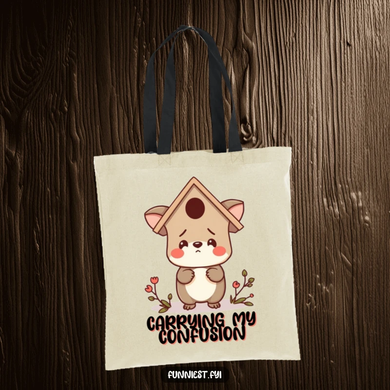 Funny tote bag illustration of a confused animal character wearing a birdhouse as a hat, looking around lost, a humorous carry-all.