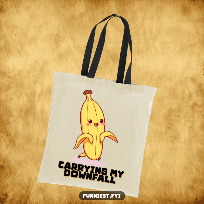 Funny tote bag with a banana peel character in a comical state of slipping on its own discarded peel, a classic gag.