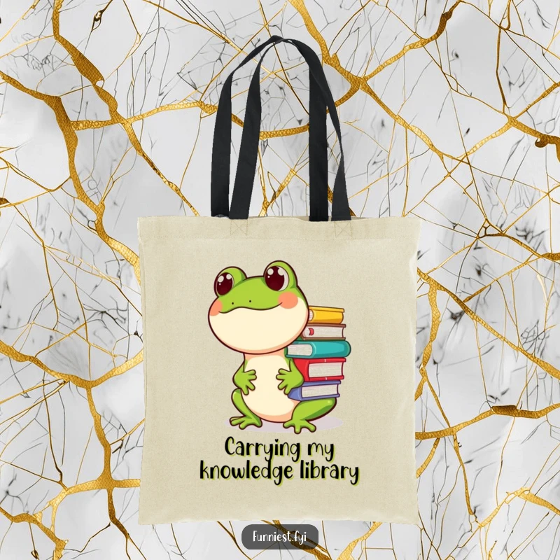 Funny tote bag showcasing a giggling frog character attempting to balance a large stack of books on its nose, a comical study scene.